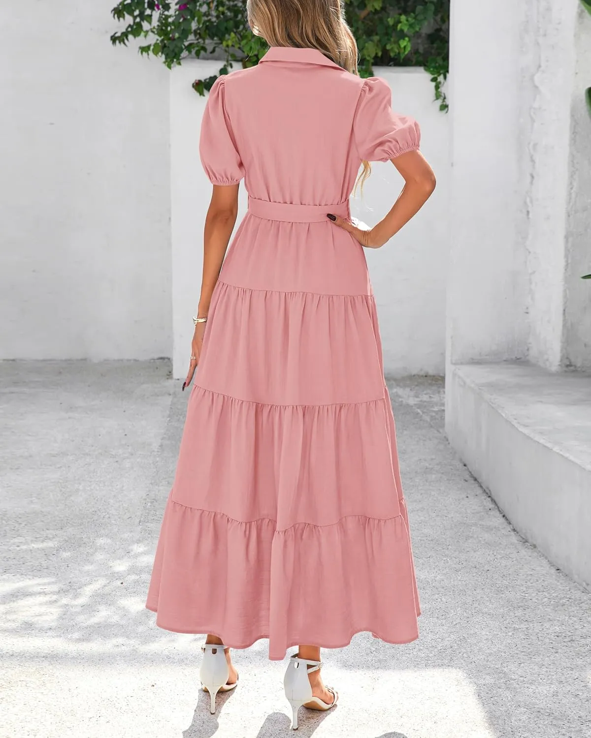 dowerme Womens Summer Dresses 2025 Short Sleeve Button Tie Waist Beach Vacation Clothes Boho Flowy Tiered Maxi Sundress