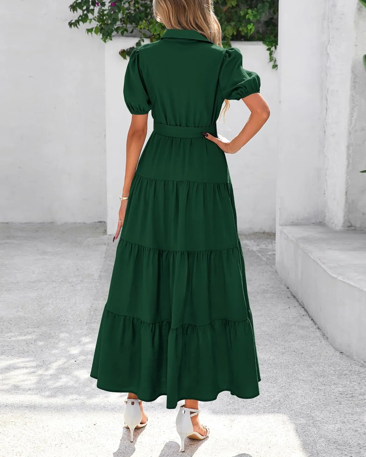 dowerme Womens Summer Dresses 2025 Short Sleeve Button Tie Waist Beach Vacation Clothes Boho Flowy Tiered Maxi Sundress