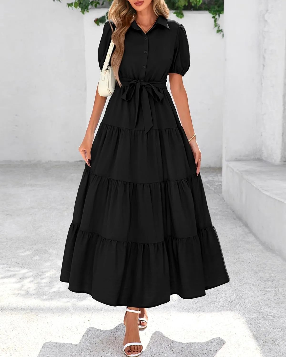 dowerme Womens Summer Dresses 2025 Short Sleeve Button Tie Waist Beach Vacation Clothes Boho Flowy Tiered Maxi Sundress