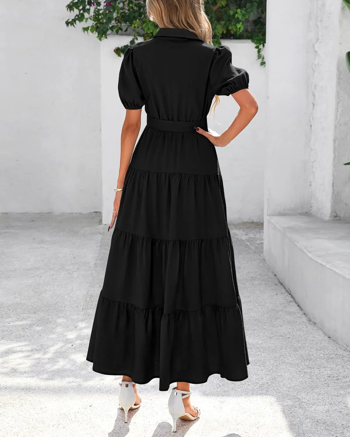 dowerme Womens Summer Dresses 2025 Short Sleeve Button Tie Waist Beach Vacation Clothes Boho Flowy Tiered Maxi Sundress