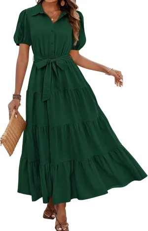 dowerme Womens Summer Dresses 2025 Short Sleeve Button Tie Waist Beach Vacation Clothes Boho Flowy Tiered Maxi Sundress