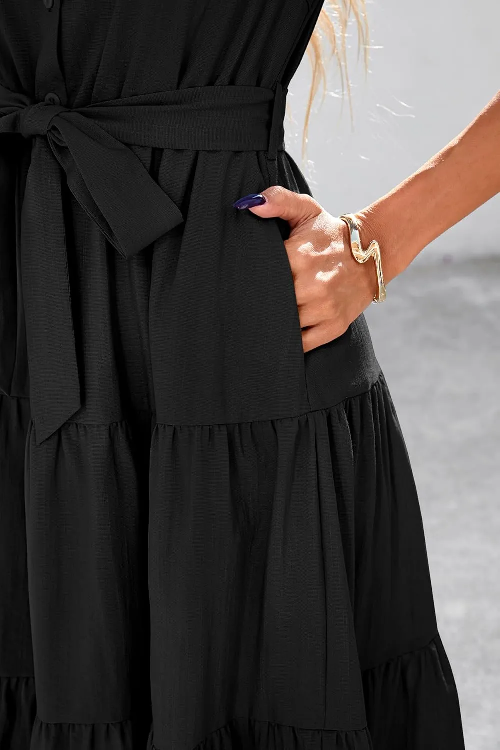 dowerme Womens Summer Dresses 2025 Short Sleeve Button Tie Waist Beach Vacation Clothes Boho Flowy Tiered Maxi Sundress