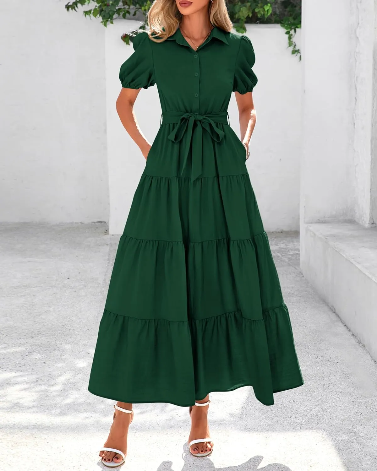 dowerme Womens Summer Dresses 2025 Short Sleeve Button Tie Waist Beach Vacation Clothes Boho Flowy Tiered Maxi Sundress