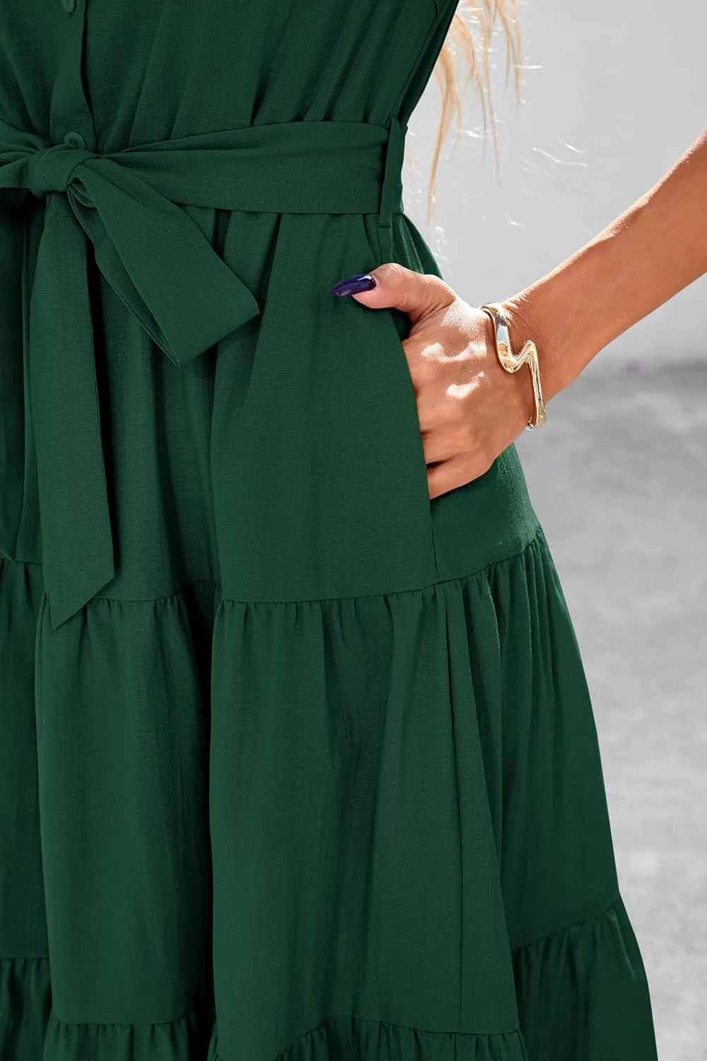 dowerme Womens Summer Dresses 2025 Short Sleeve Button Tie Waist Beach Vacation Clothes Boho Flowy Tiered Maxi Sundress