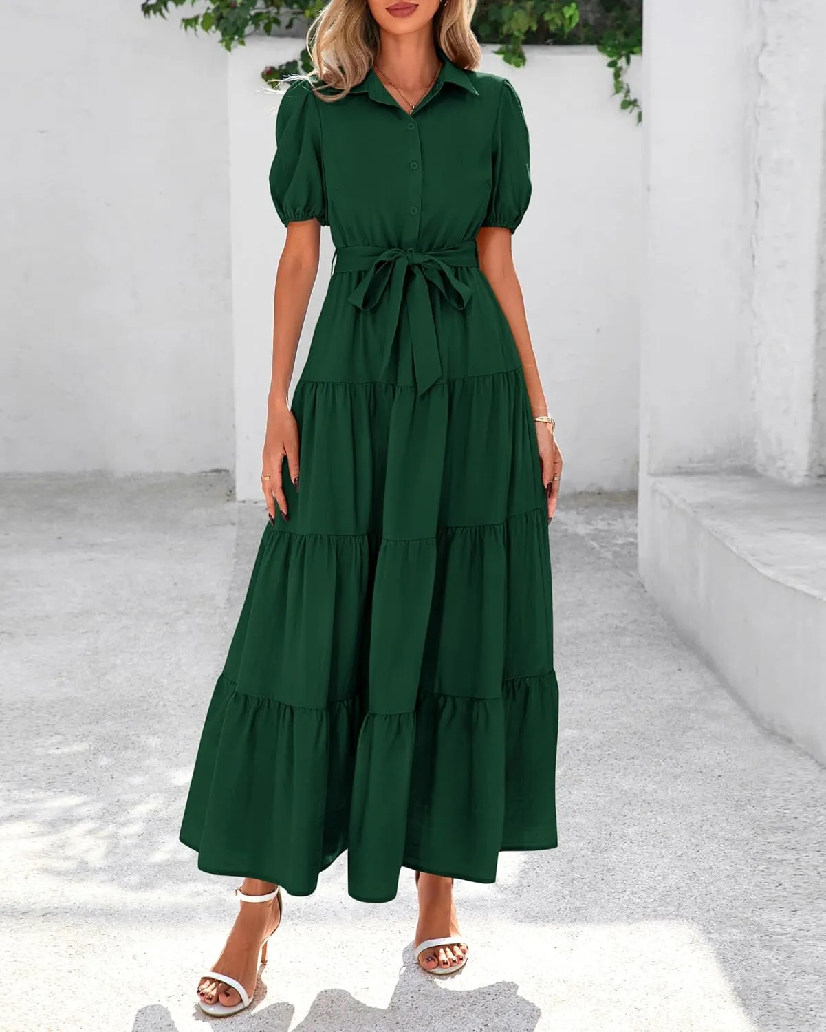 dowerme Womens Summer Dresses 2025 Short Sleeve Button Tie Waist Beach Vacation Clothes Boho Flowy Tiered Maxi Sundress