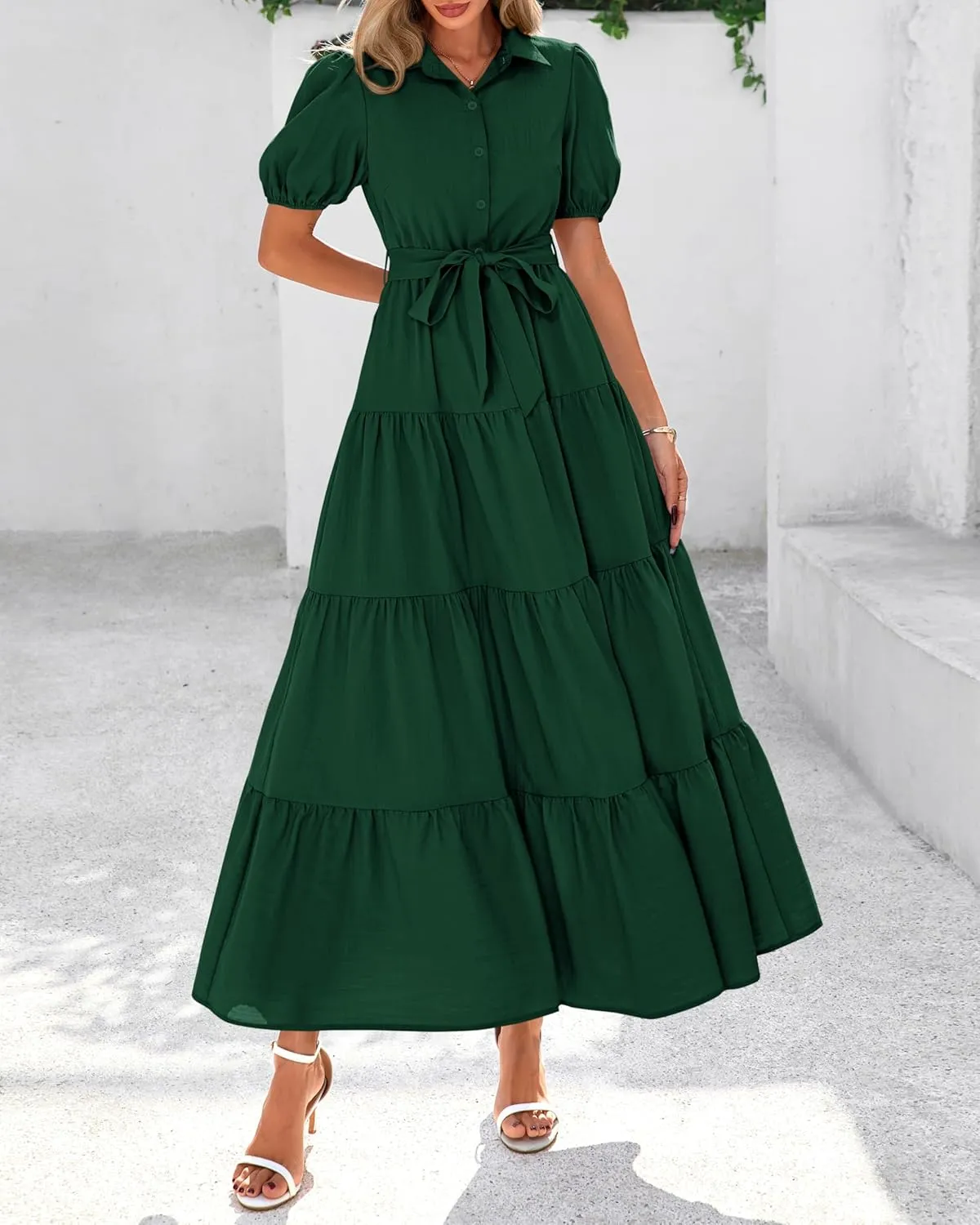dowerme Womens Summer Dresses 2025 Short Sleeve Button Tie Waist Beach Vacation Clothes Boho Flowy Tiered Maxi Sundress