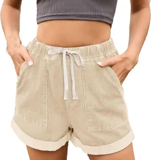 Drawstring Elastic Waist Jean Shorts for Women High Waisted,Elastic Waist Denim Shorts for Women with Pocket