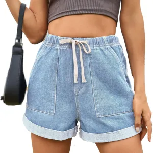 Drawstring Elastic Waist Jean Shorts for Women High Waisted,Elastic Waist Denim Shorts for Women with Pocket