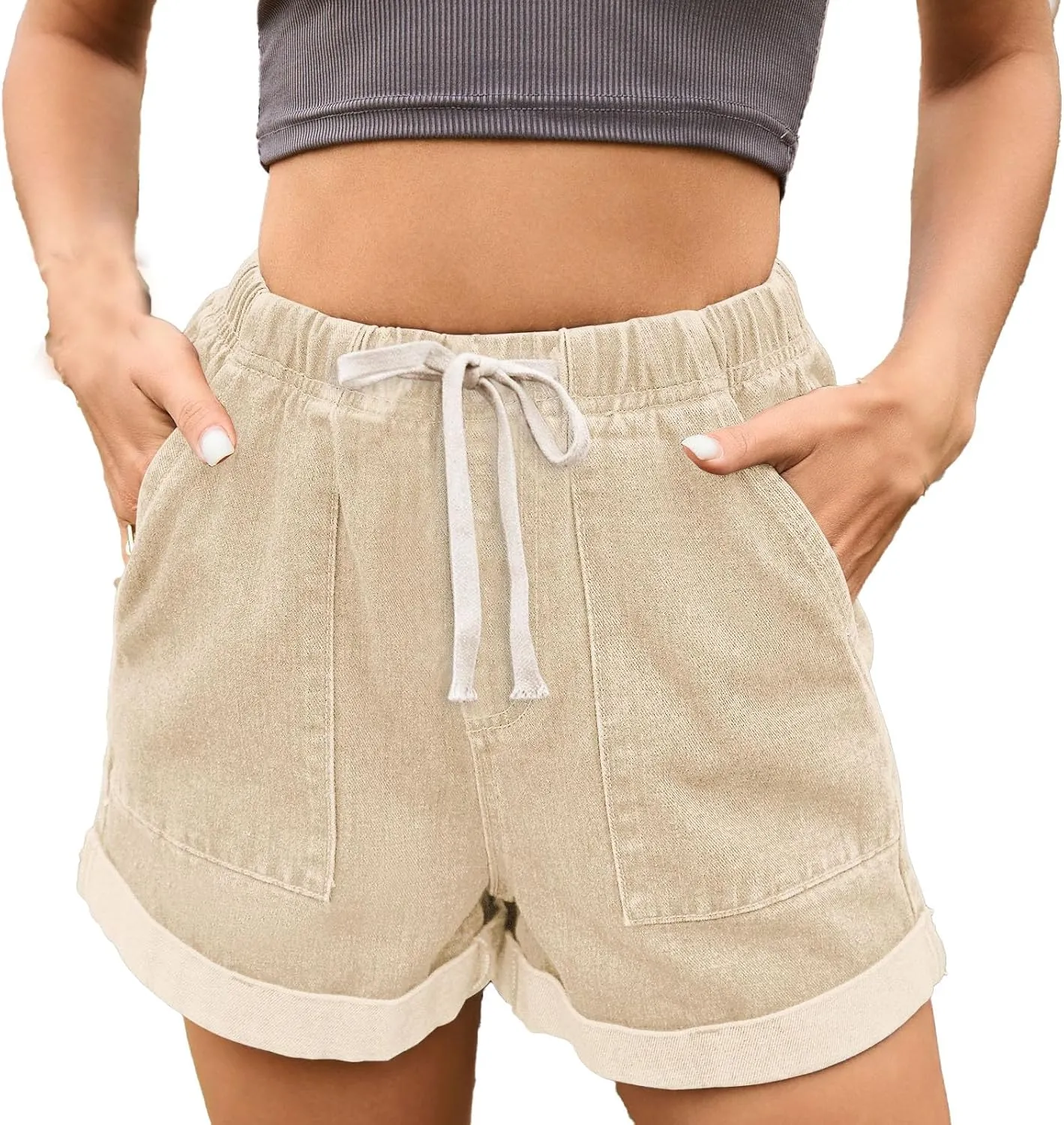 Drawstring Elastic Waist Jean Shorts for Women High Waisted,Elastic Waist Denim Shorts for Women with Pocket