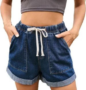Drawstring Elastic Waist Jean Shorts for Women High Waisted,Elastic Waist Denim Shorts for Women with Pocket