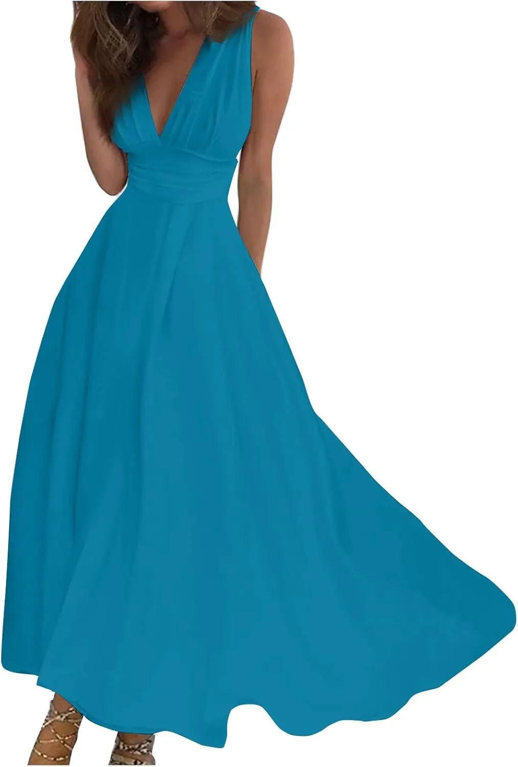 Dresses for Women 2024 Flowy Ruched Wrap V Neck Boho Dress Floral Print Sleeveless Maxi Dress Flowy Beach Dresses