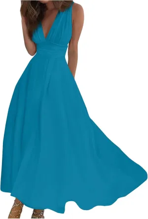 Dresses for Women 2024 Flowy Ruched Wrap V Neck Boho Dress Floral Print Sleeveless Maxi Dress Flowy Beach Dresses