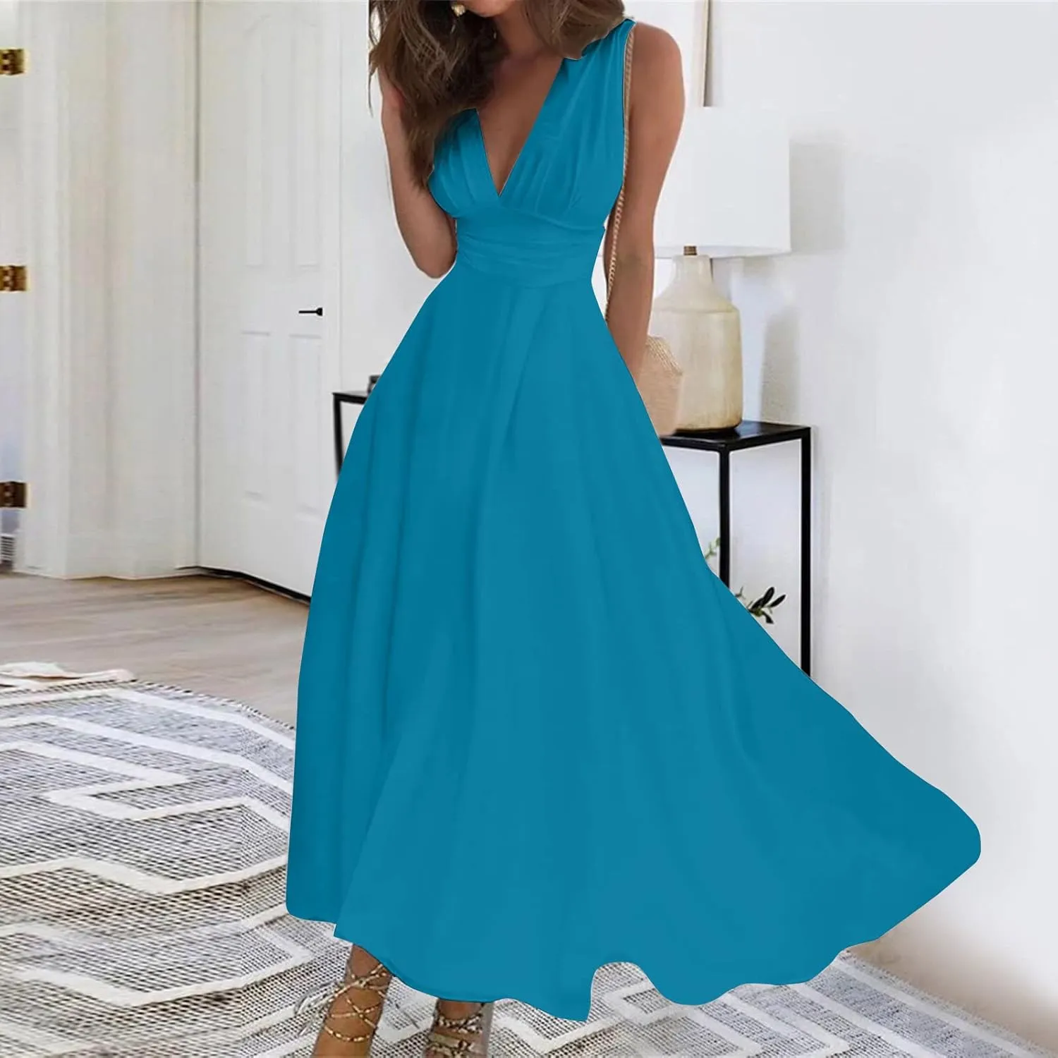 Dresses for Women 2024 Flowy Ruched Wrap V Neck Boho Dress Floral Print Sleeveless Maxi Dress Flowy Beach Dresses