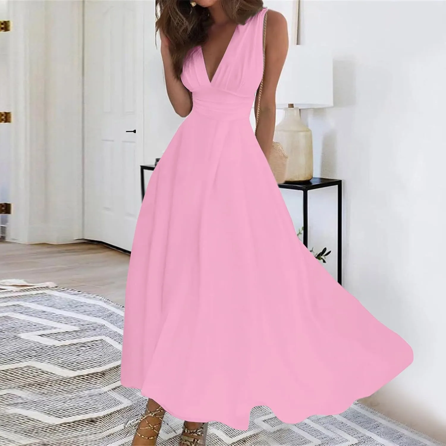 Dresses for Women 2024 Flowy Ruched Wrap V Neck Boho Dress Floral Print Sleeveless Maxi Dress Flowy Beach Dresses