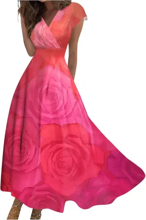 Dresses for Women 2025 Wrap V Neck Floral Print Maxi Dress Cap Sleeve Flowy Sundresses Elegant Trendy Beach Dress