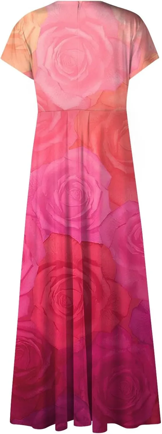 Dresses for Women 2025 Wrap V Neck Floral Print Maxi Dress Cap Sleeve Flowy Sundresses Elegant Trendy Beach Dress