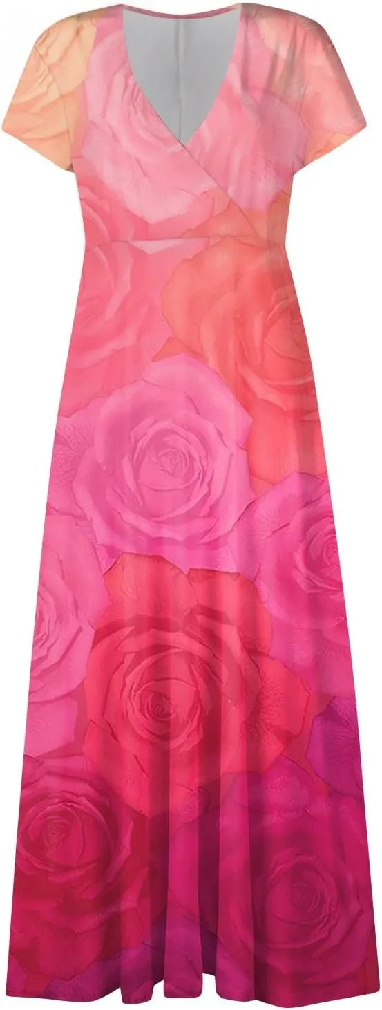 Dresses for Women 2025 Wrap V Neck Floral Print Maxi Dress Cap Sleeve Flowy Sundresses Elegant Trendy Beach Dress