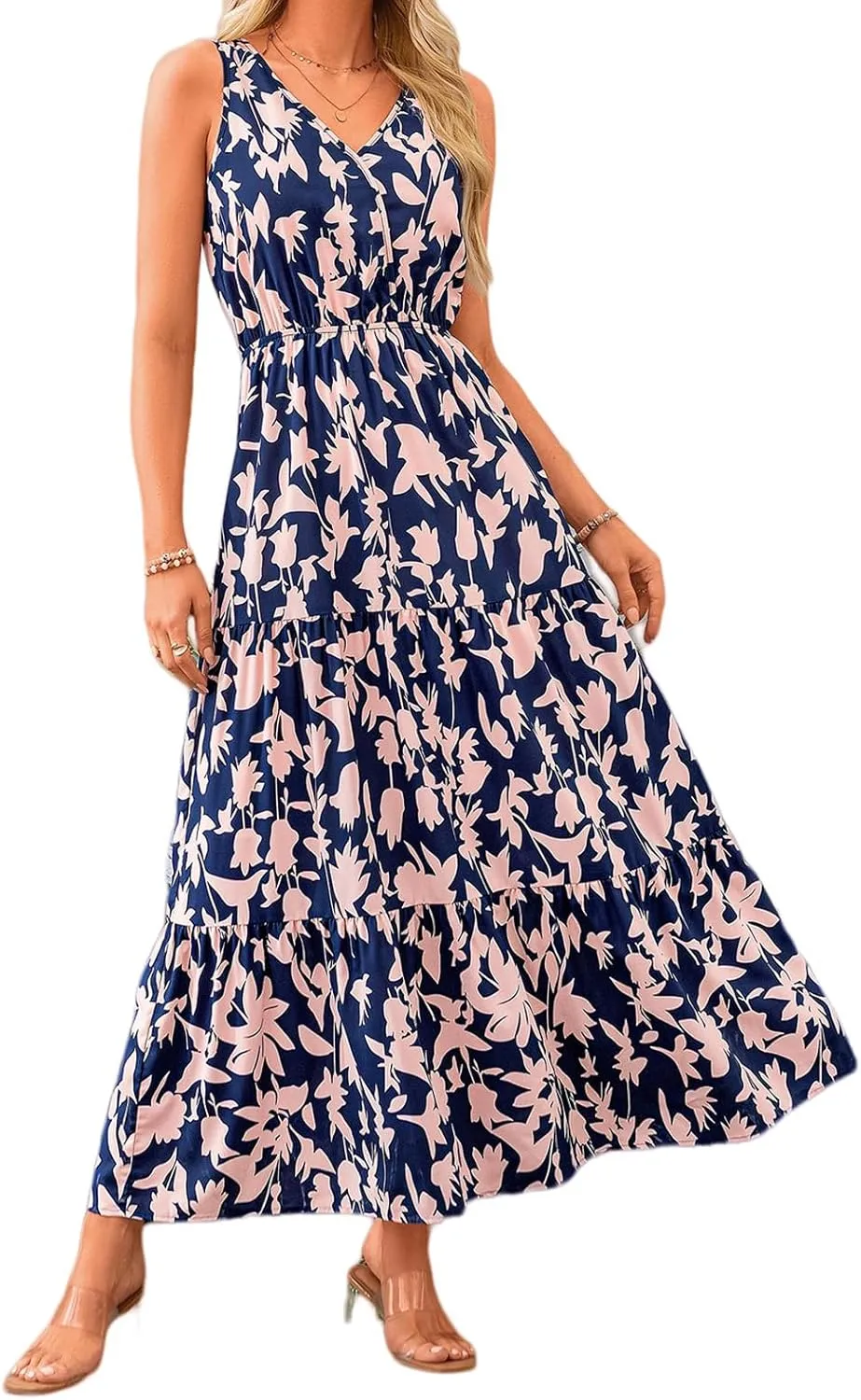 Dresses for Women Trendy Boho Floral V Neck Long Sundress Casual Sleeveless Maxi Dresses High Waist Wedding Guest Dress