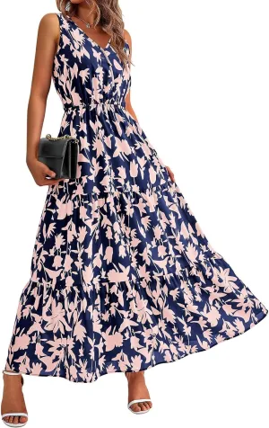 Dresses for Women Trendy Boho Floral V Neck Long Sundress Casual Sleeveless Maxi Dresses High Waist Wedding Guest Dress