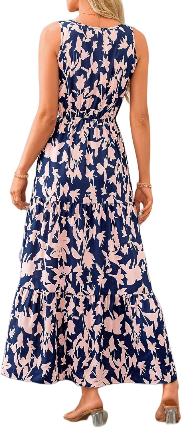 Dresses for Women Trendy Boho Floral V Neck Long Sundress Casual Sleeveless Maxi Dresses High Waist Wedding Guest Dress