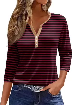 DuDubaby Summer Blouses for Women 2024 V Neck Button Shirts Fashion Striped Print Tunic Casual Relaxed Fit T Shirts