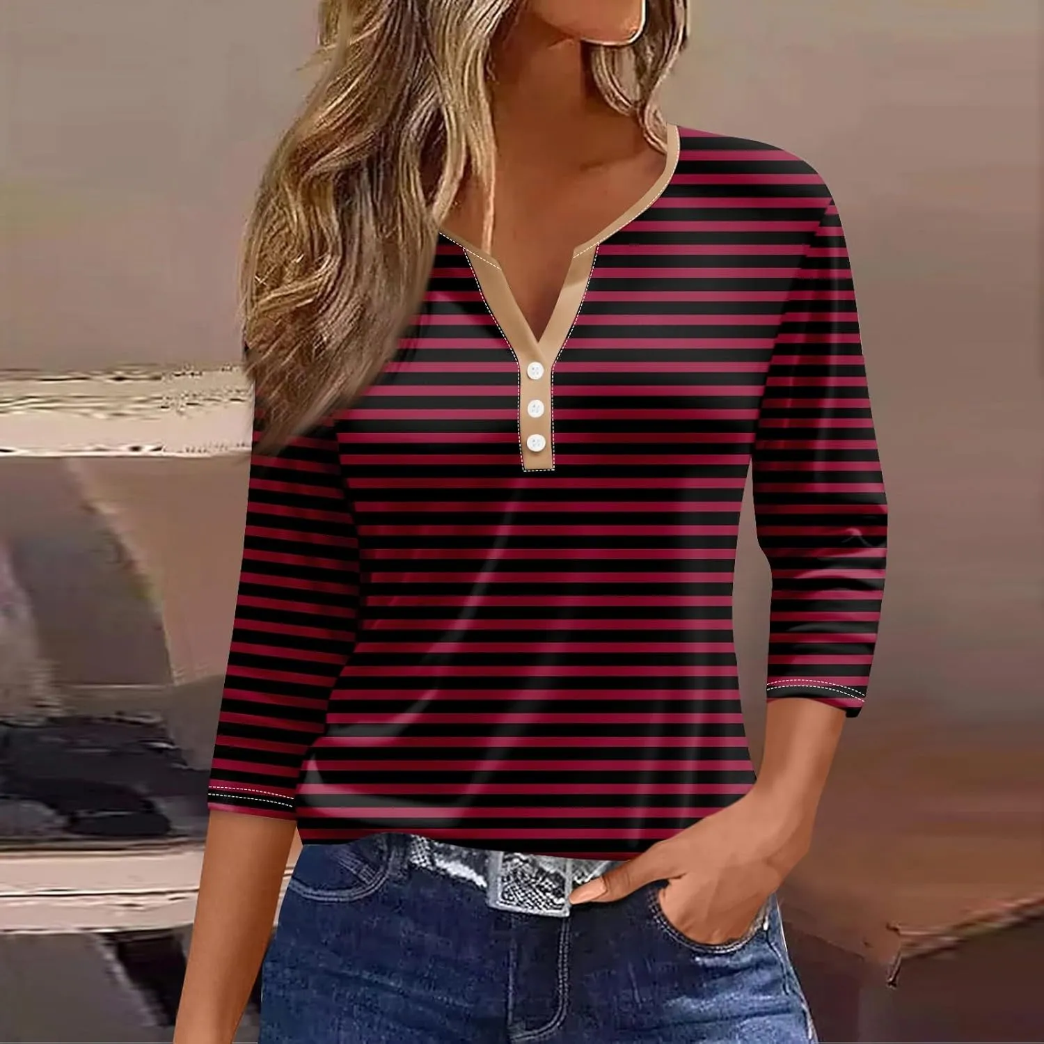 DuDubaby Summer Blouses for Women 2024 V Neck Button Shirts Fashion Striped Print Tunic Casual Relaxed Fit T Shirts