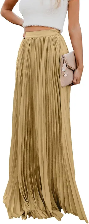 ebossy Women's High Waist Flowy Pleated Chiffon Maxi Skirt