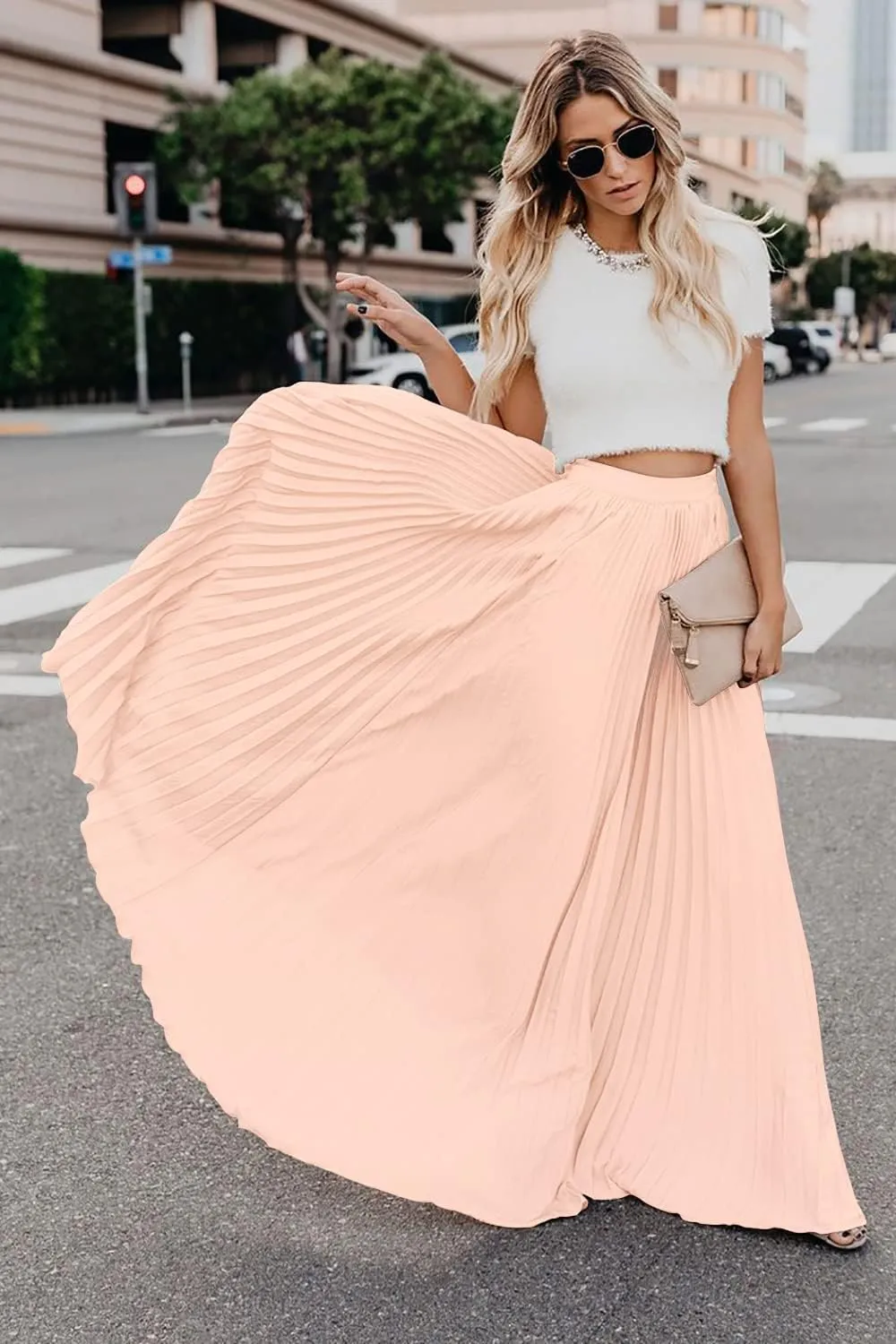 ebossy Women's High Waist Flowy Pleated Chiffon Maxi Skirt