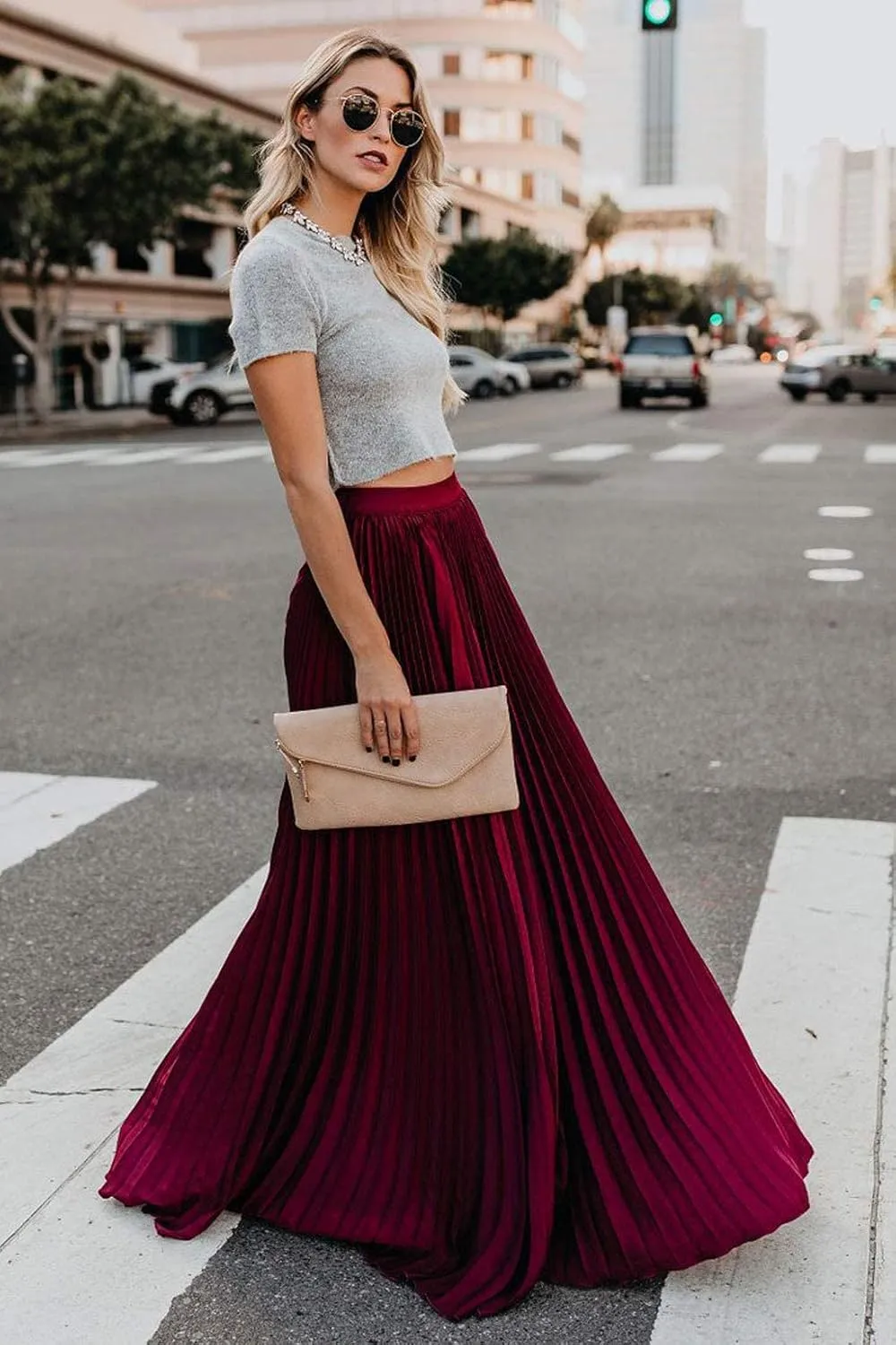ebossy Women's High Waist Flowy Pleated Chiffon Maxi Skirt