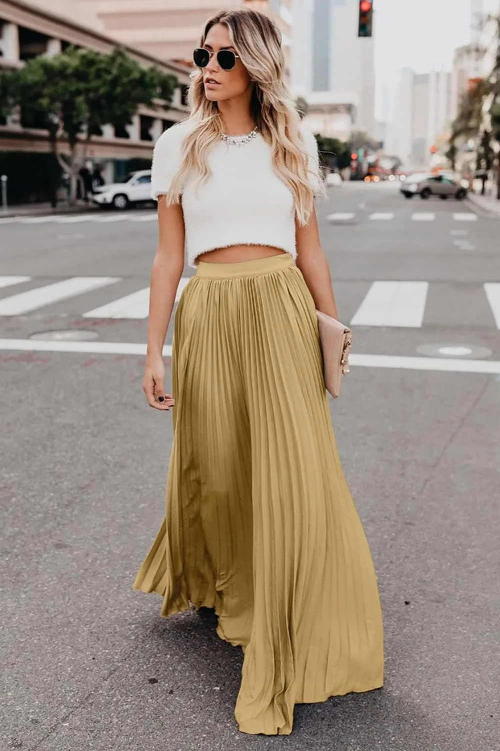 ebossy Women's High Waist Flowy Pleated Chiffon Maxi Skirt