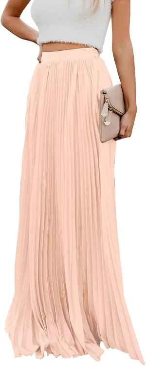 ebossy Women's High Waist Flowy Pleated Chiffon Maxi Skirt