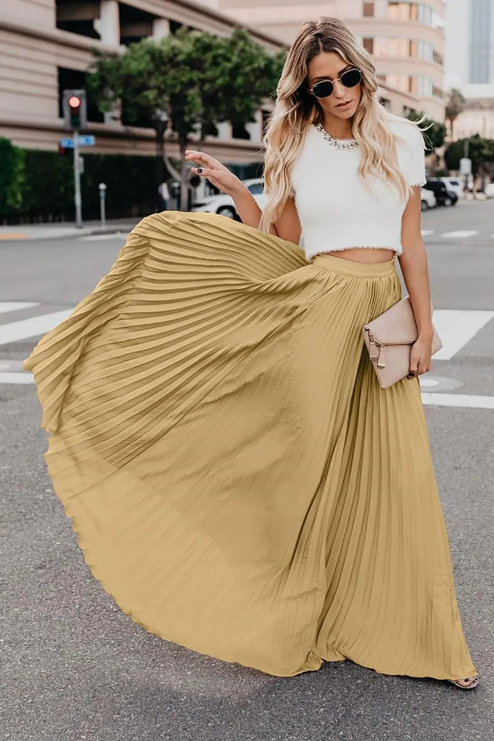 ebossy Women's High Waist Flowy Pleated Chiffon Maxi Skirt
