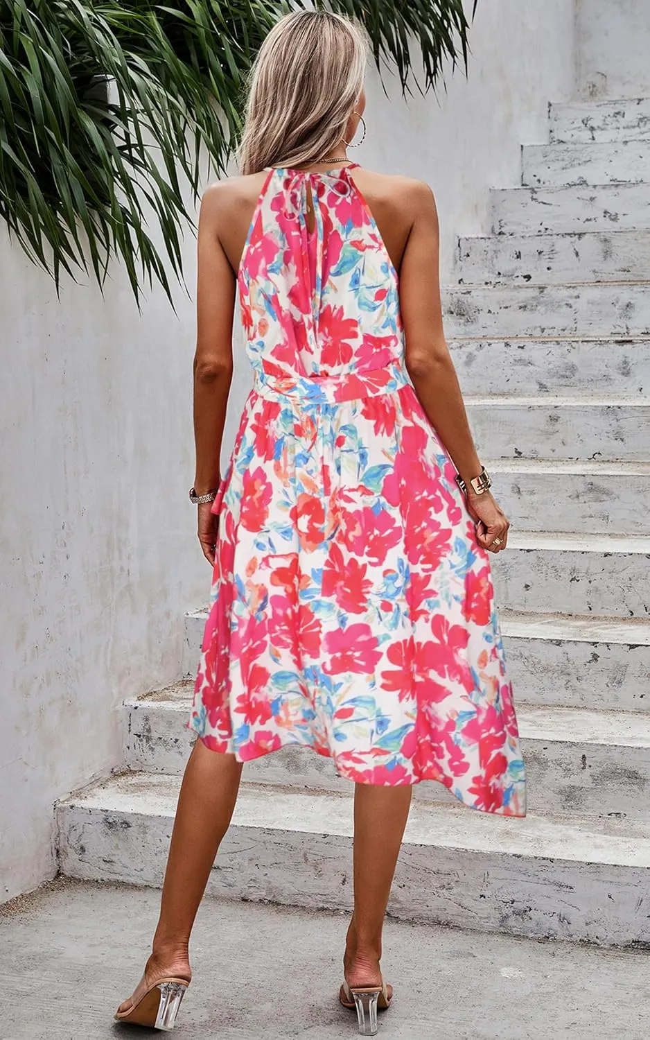 ECOWISH Polka Dot Women Summer Dress Flowy High Low Sleeveless Boho Floral Criss Cross Halterneck Cocktail Midi Sundress 2025