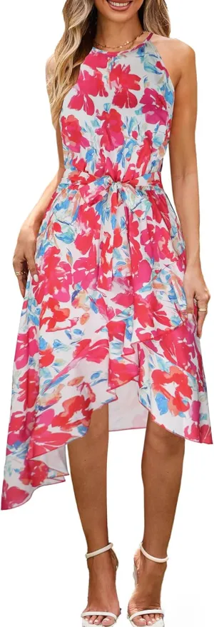 ECOWISH Polka Dot Women Summer Dress Flowy High Low Sleeveless Boho Floral Criss Cross Halterneck Cocktail Midi Sundress 2025