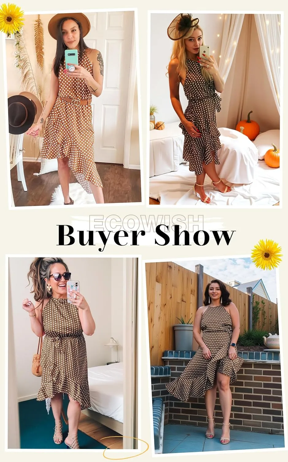 ECOWISH Polka Dot Women Summer Dress Flowy High Low Sleeveless Boho Floral Criss Cross Halterneck Cocktail Midi Sundress 2025