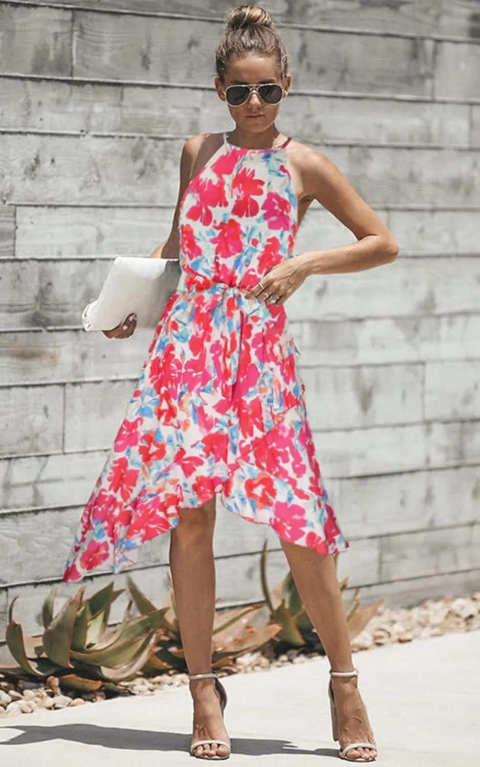 ECOWISH Polka Dot Women Summer Dress Flowy High Low Sleeveless Boho Floral Criss Cross Halterneck Cocktail Midi Sundress 2025