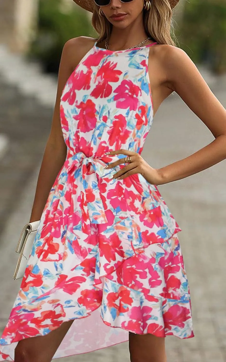 ECOWISH Polka Dot Women Summer Dress Flowy High Low Sleeveless Boho Floral Criss Cross Halterneck Cocktail Midi Sundress 2025