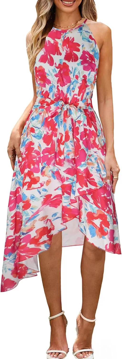 ECOWISH Polka Dot Women Summer Dress Flowy High Low Sleeveless Boho Floral Criss Cross Halterneck Cocktail Midi Sundress 2025