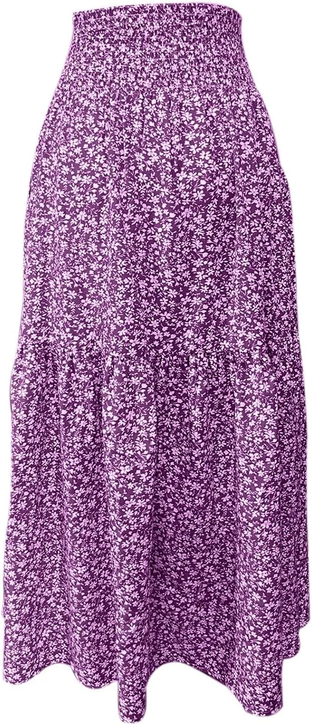 Elastic High Waist Floral Print Boho Maxi Skirt Women Tiered Pleated Flowy Long Summer Beach Skirt