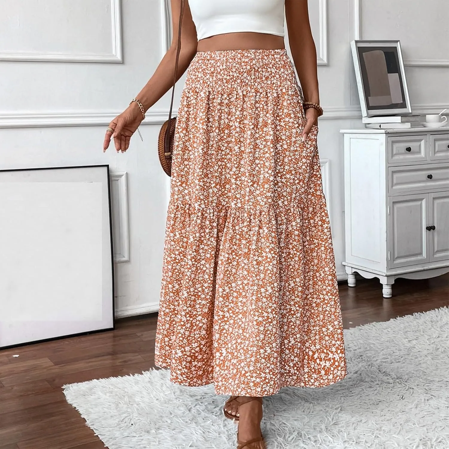 Elastic High Waist Floral Print Boho Maxi Skirt Women Tiered Pleated Flowy Long Summer Beach Skirt