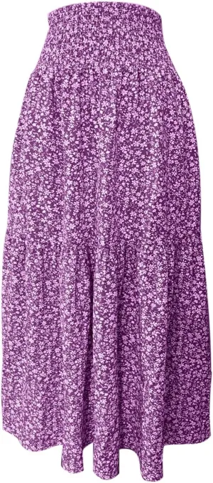 Elastic High Waist Floral Print Boho Maxi Skirt Women Tiered Pleated Flowy Long Summer Beach Skirt