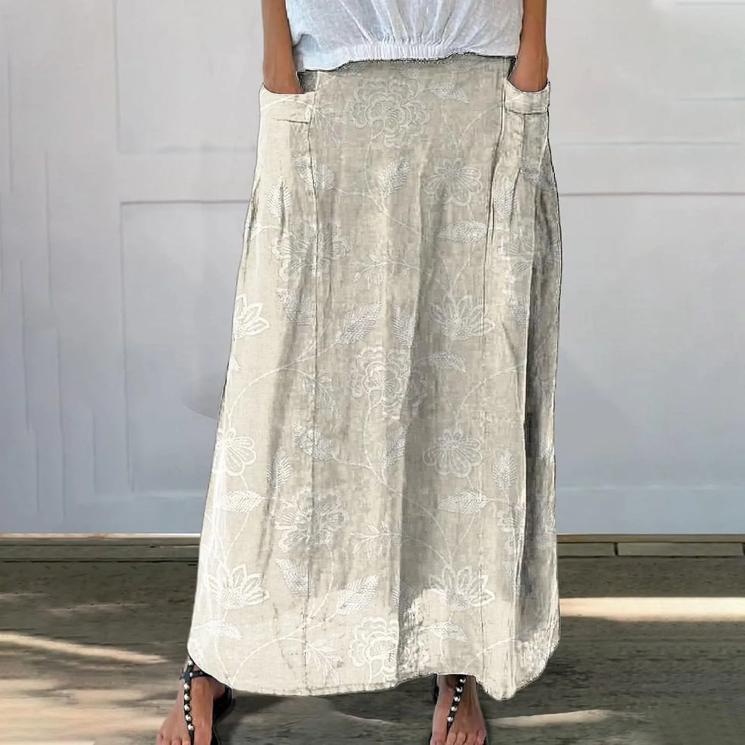 Elastic High Waist Floral Print Boho Maxi Skirt Women Tiered Pleated Flowy Long Summer Beach Skirt
