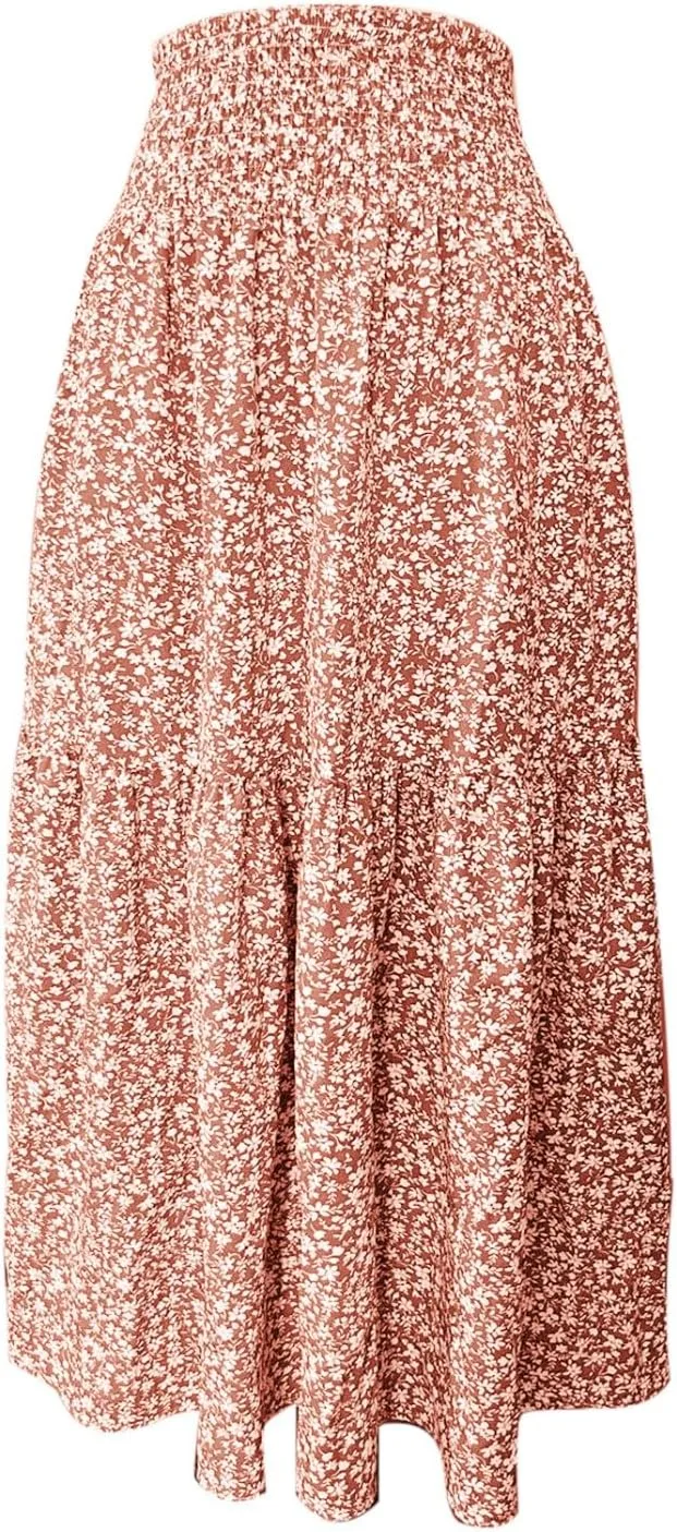 Elastic High Waist Floral Print Boho Maxi Skirt Women Tiered Pleated Flowy Long Summer Beach Skirt