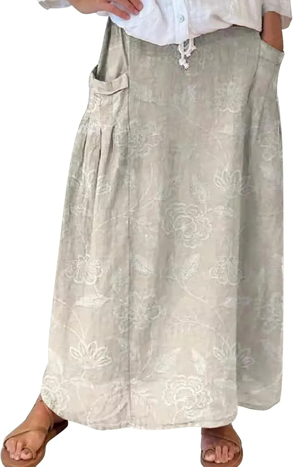 Elastic High Waist Floral Print Boho Maxi Skirt Women Tiered Pleated Flowy Long Summer Beach Skirt