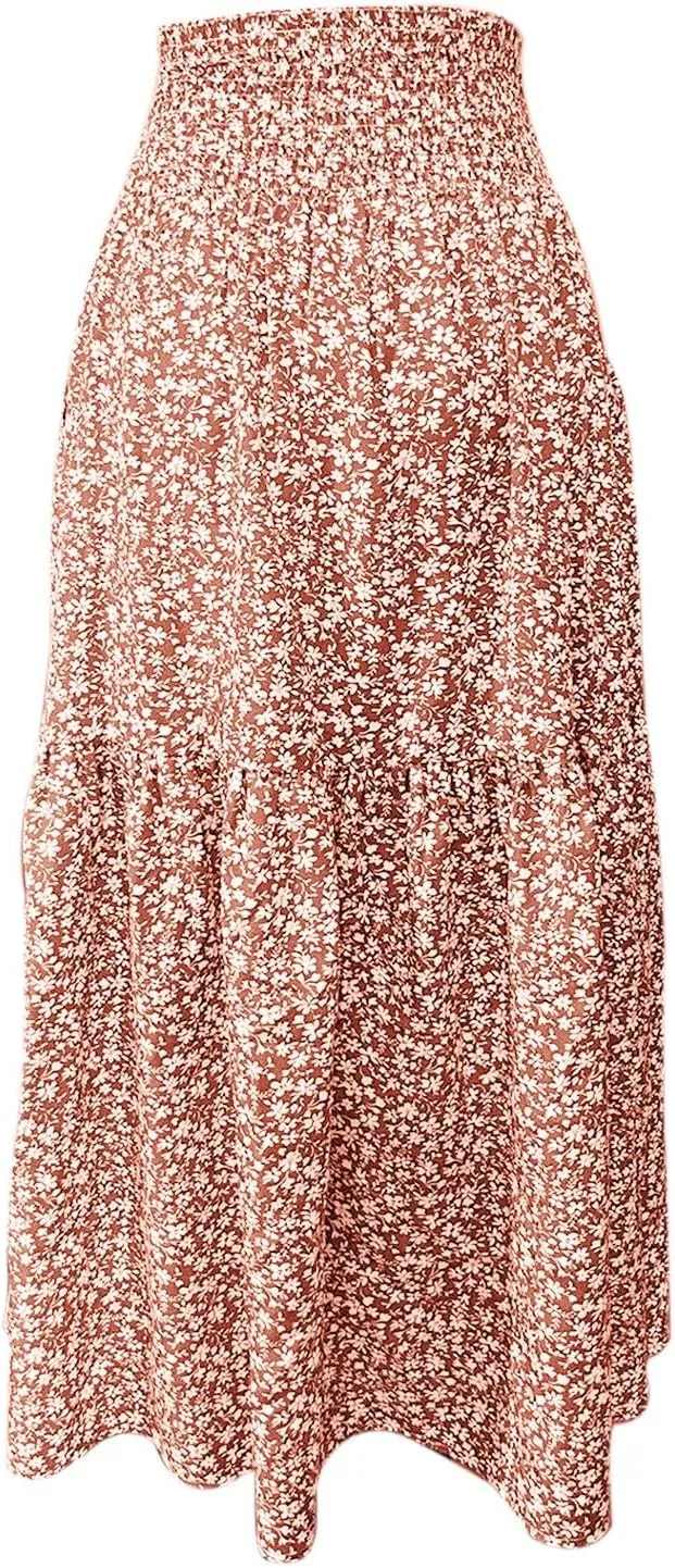 Elastic High Waist Floral Print Boho Maxi Skirt Women Tiered Pleated Flowy Long Summer Beach Skirt