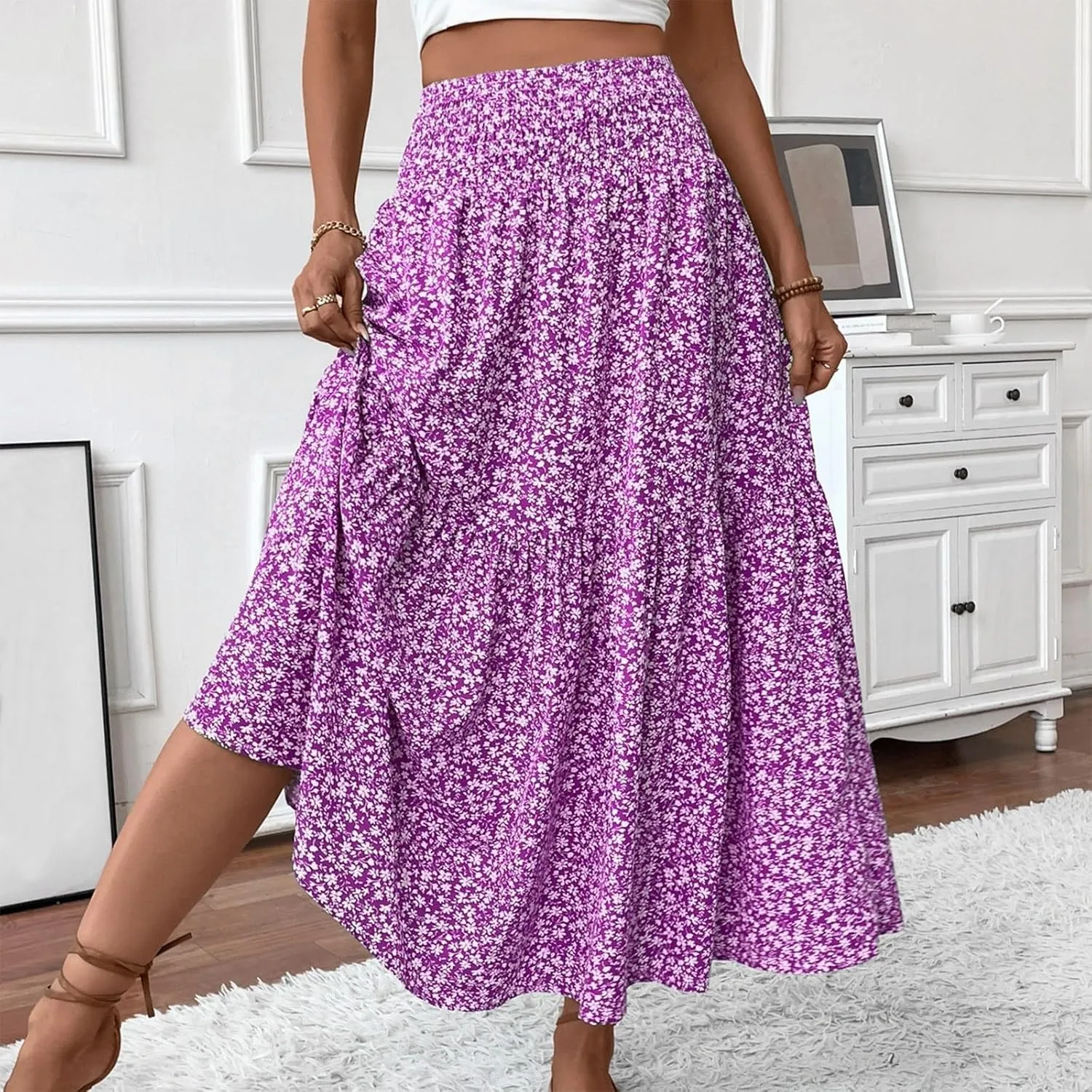 Elastic High Waist Floral Print Boho Maxi Skirt Women Tiered Pleated Flowy Long Summer Beach Skirt