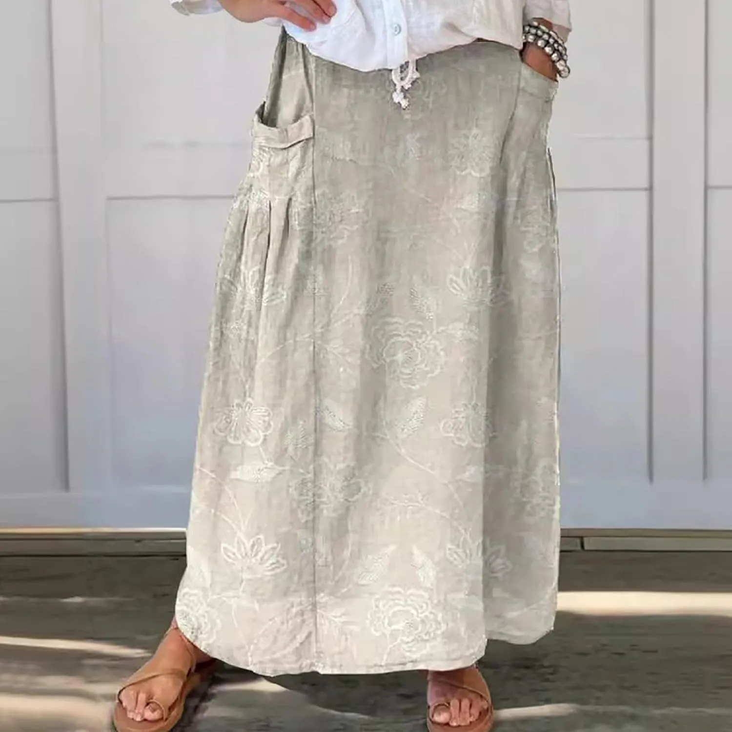 Elastic High Waist Floral Print Boho Maxi Skirt Women Tiered Pleated Flowy Long Summer Beach Skirt