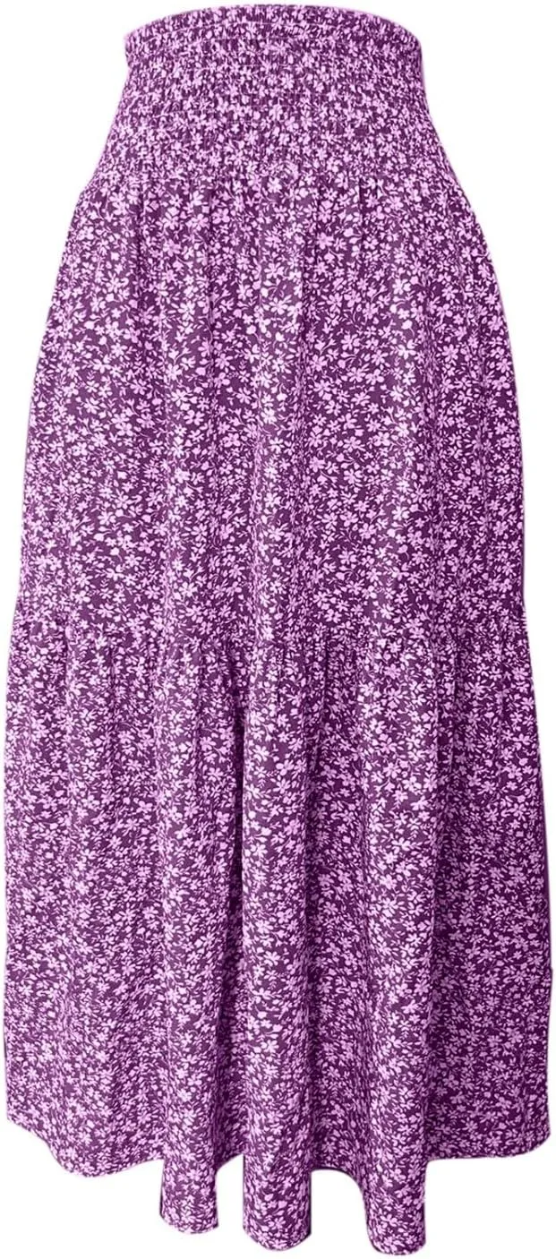 Elastic High Waist Floral Print Boho Maxi Skirt Women Tiered Pleated Flowy Long Summer Beach Skirt
