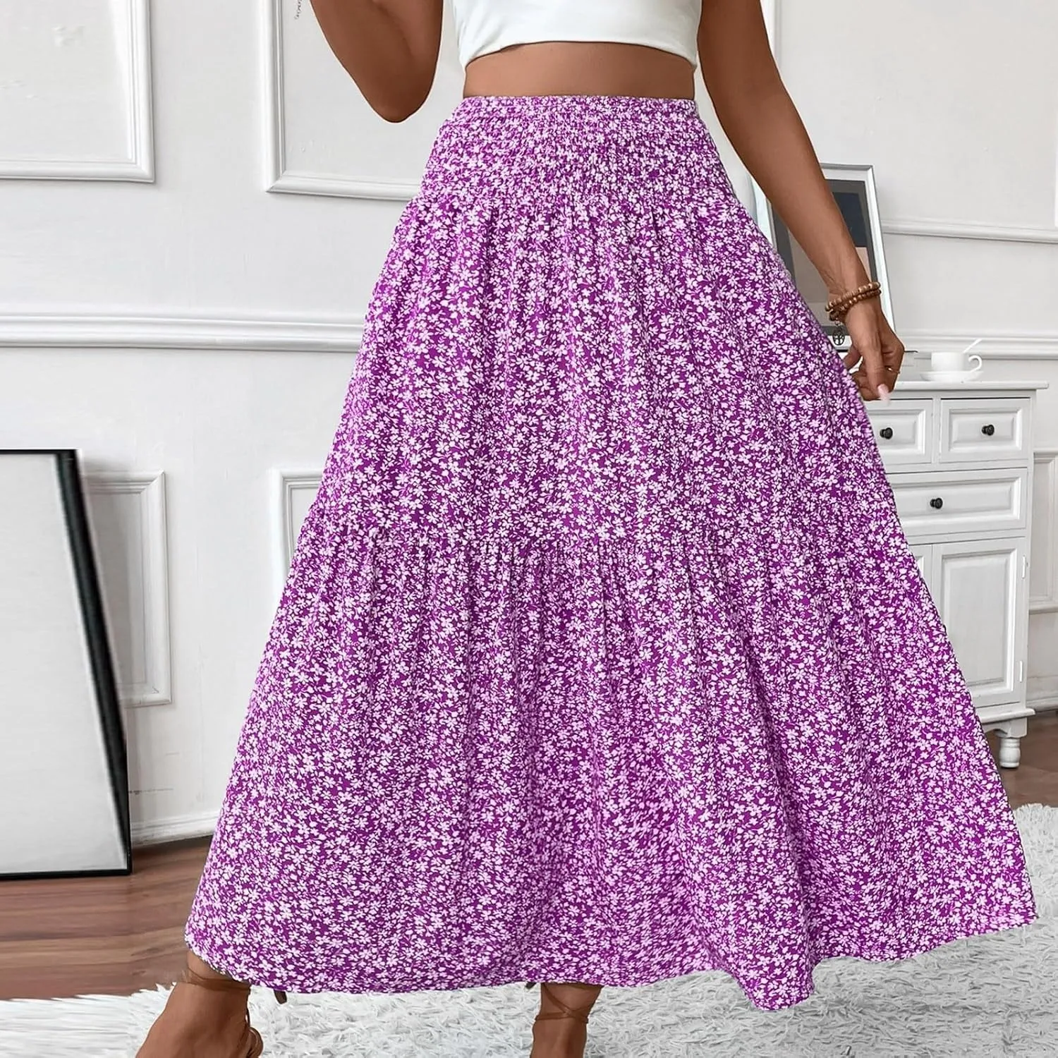 Elastic High Waist Floral Print Boho Maxi Skirt Women Tiered Pleated Flowy Long Summer Beach Skirt