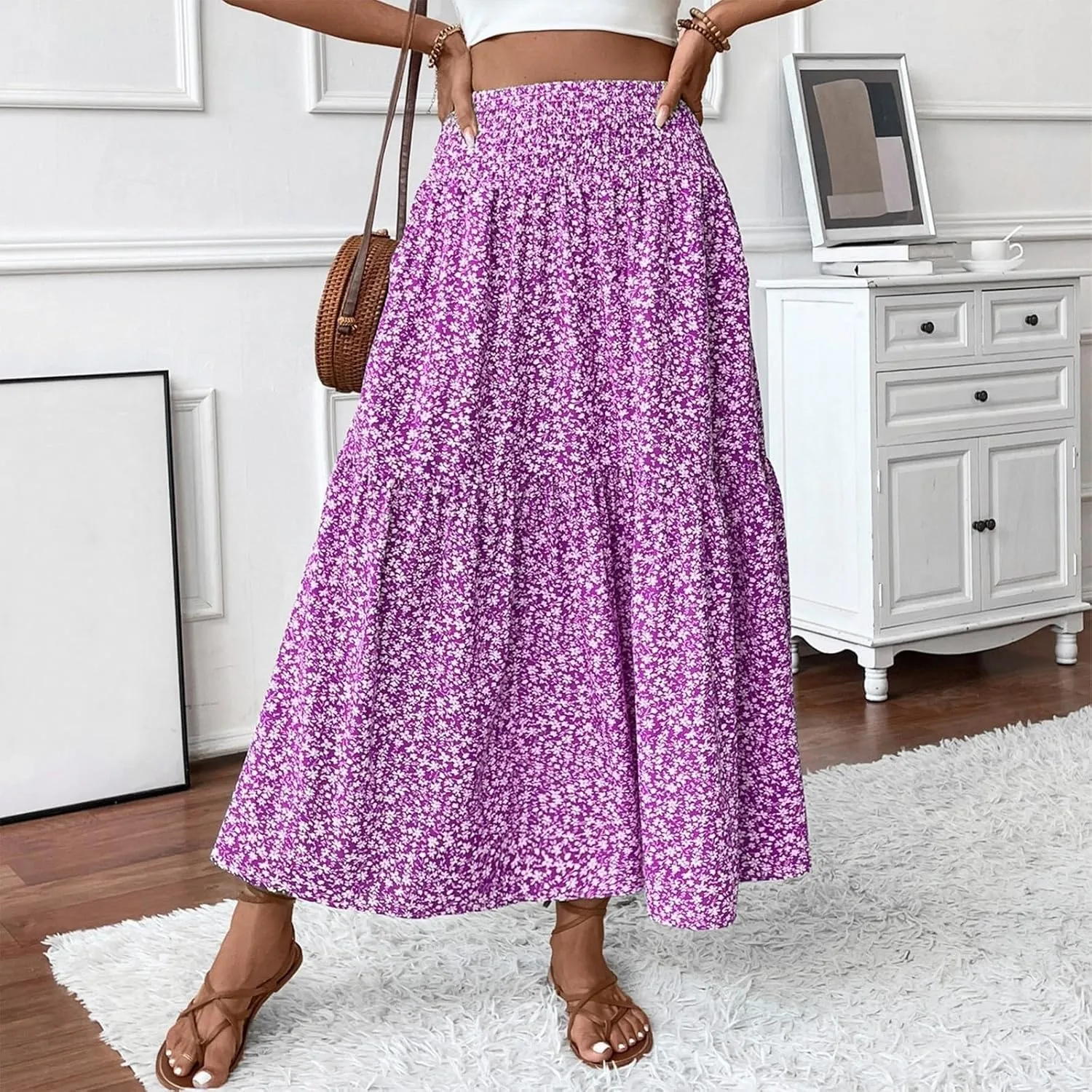 Elastic High Waist Floral Print Boho Maxi Skirt Women Tiered Pleated Flowy Long Summer Beach Skirt